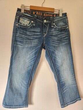 Rock Revival Sora Capri Rhinestone Embellished Low Rise Y2K Cropped Jeans Sz 27